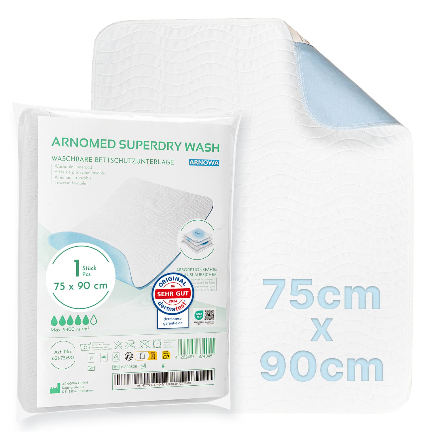 Arnomed Superdry Wash - Waschbare Bettschutzunterlage Standard 75 x 90 cm