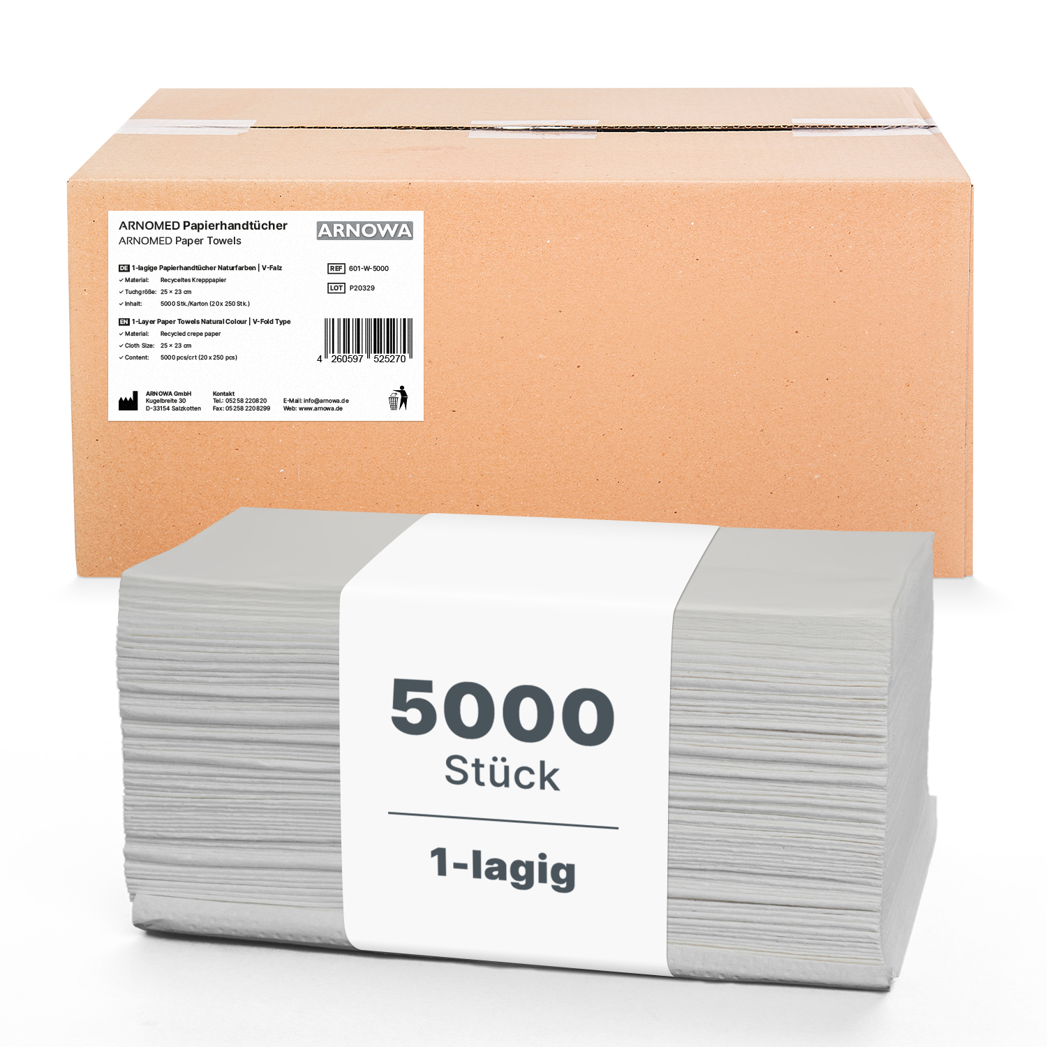 Arnomed Papierhandtücher 25 x 23 cm, natur, V-Falz, 1-lagig