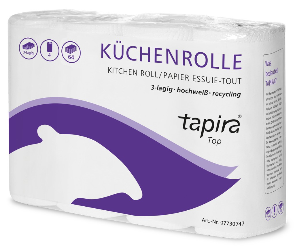 Tapira top Küchenrolle - Vorteilspaket: 3-lagig, hochweiß, 64 Blatt, 26 x 22 cm, 8 x4 Rollen 8 x 4 Rollen