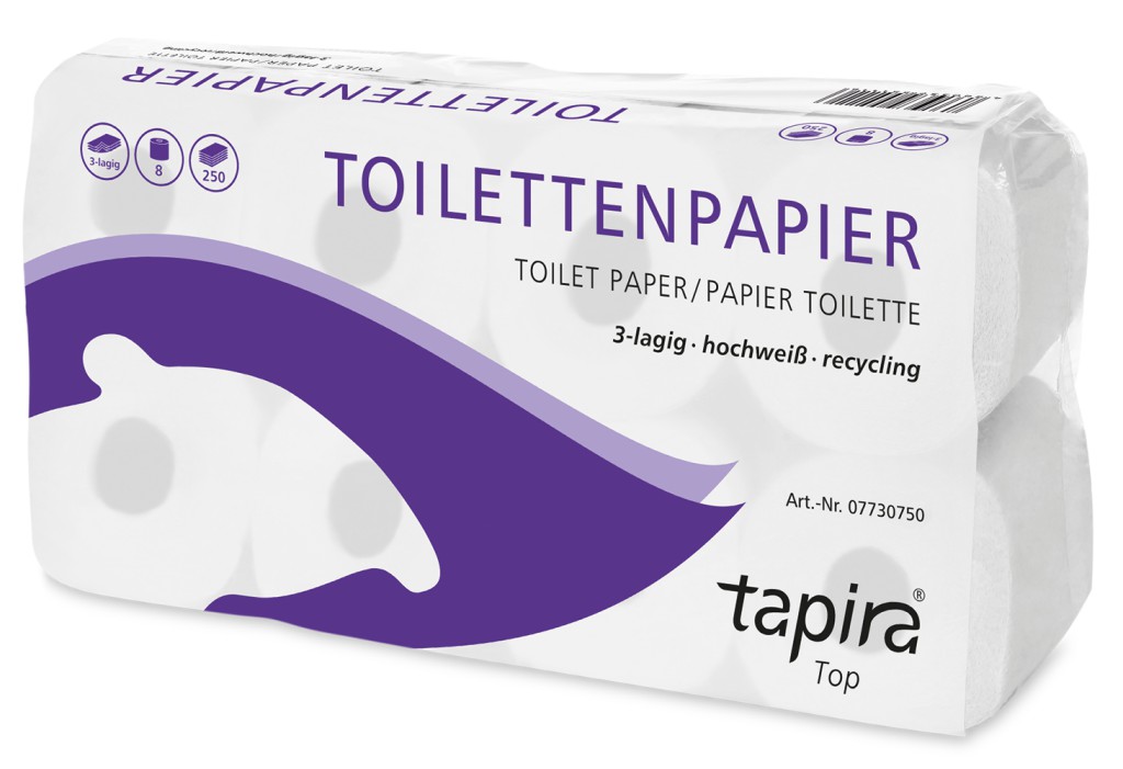 Tapira Top Toilettenpapier, 3-lagig, recycling-hochweiß, 250 Blatt, 8 x 8 Rollen (64 Rollen)