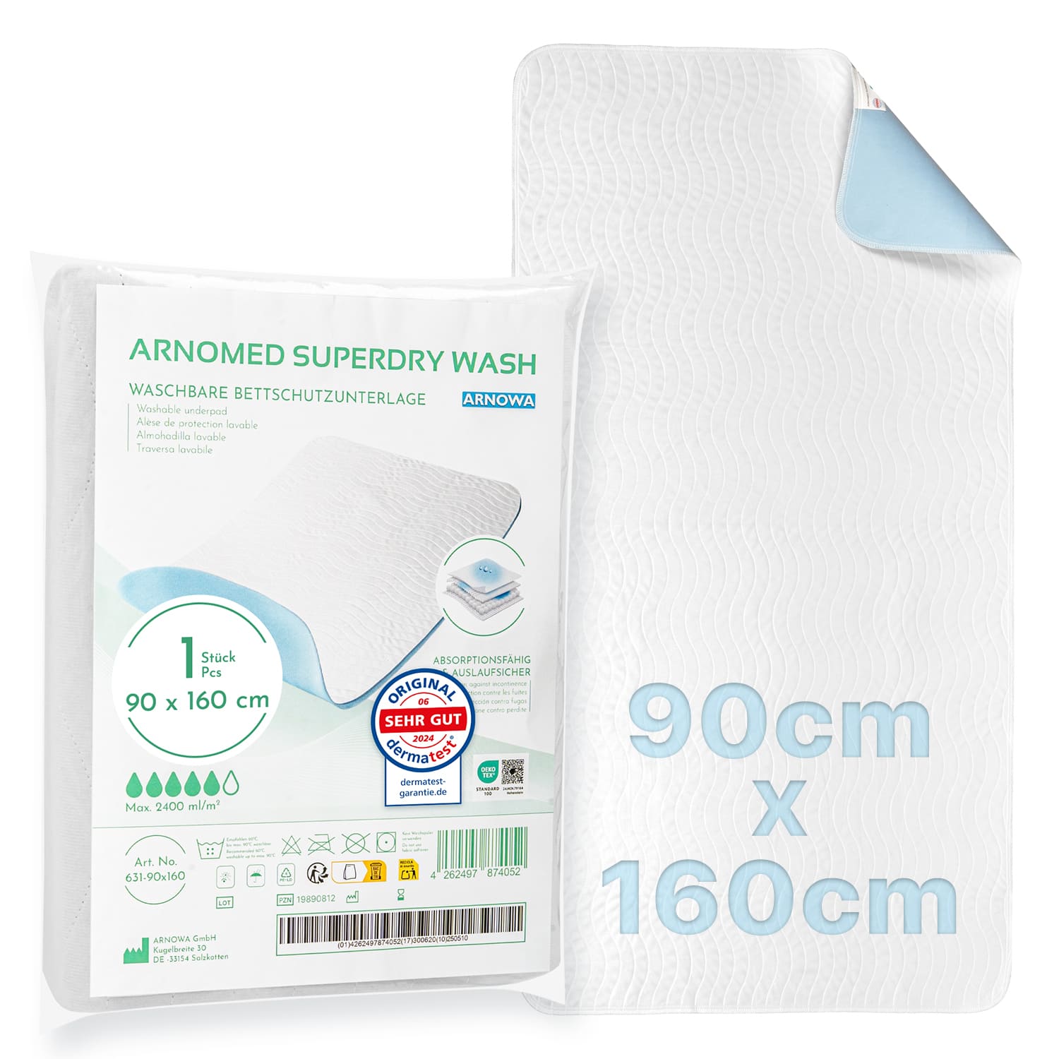 Arnomed Superdry Wash - Waschbare Bettschutzunterlage Standard 90 x 160 cm