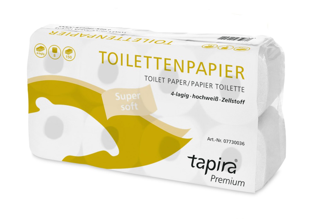 Tapira Toilettenpapier, 4-lagig, hochweiß, Zellstoff, 150 Blatt, 9 x 8 Rollen 9 x 8 Rollen (72 Rollen)